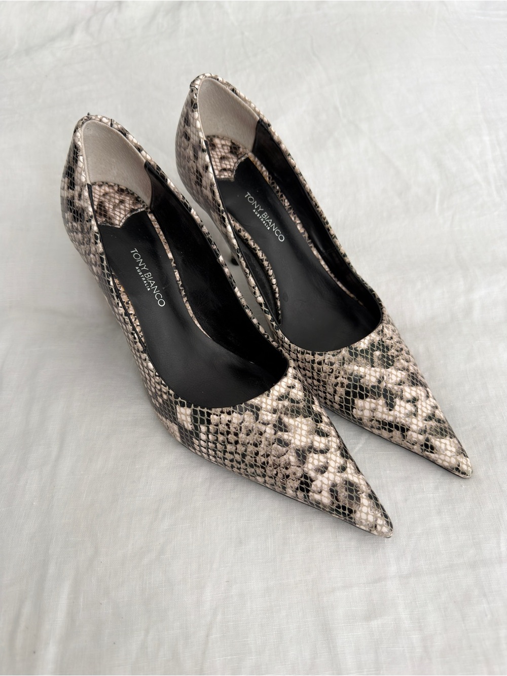 Tony Bianco Snake-Print Pointed Toe Pumps in Beige and Black